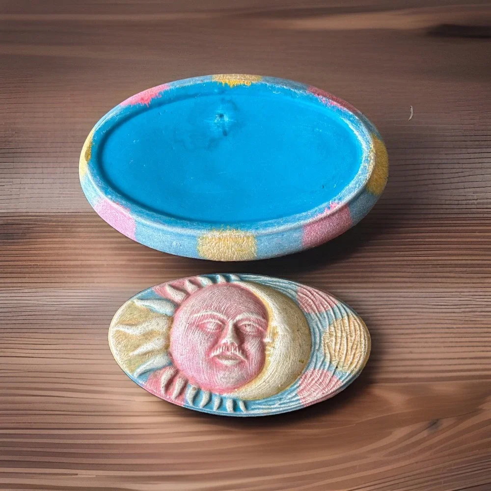 Celestial 3D Sun Moon Candle Trinket Box Hand Painted Pottery Whimsigoth Read